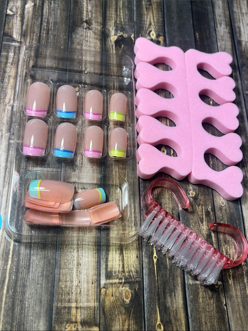 5for$10 Short Rectangle Nude French Tips Press on Nails & Pink Nail Accessories